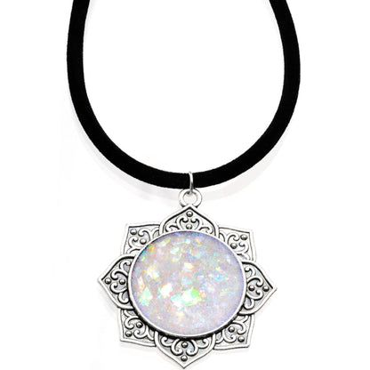 Handcrafted White Faux Opal Lotus Flower Love Velveteen Cord Necklace 16