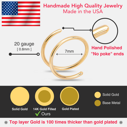 Double Hoop Nose 14k Yellow Gold Filled Spiral Nose Ring 20G 8mm Left