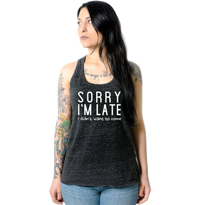 Sorry I'm Late, I Didn't Want To Come Black Gray Cosmic Twist Back Tank Top