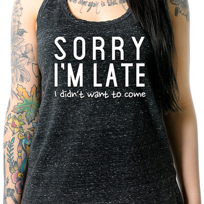 Sorry I'm Late, I Didn't Want To Come Black Gray Cosmic Twist Back Tank Top