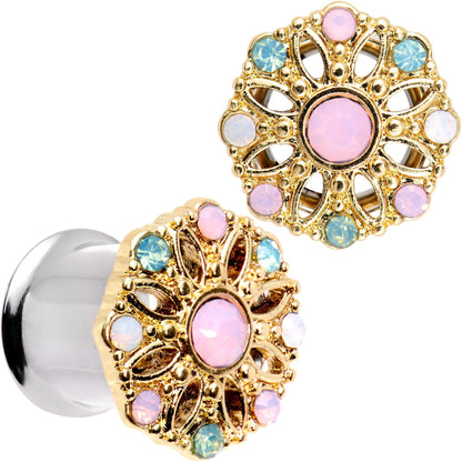 Pink Green White Gem Glam Flower Double Flare Tunnel Plug Set